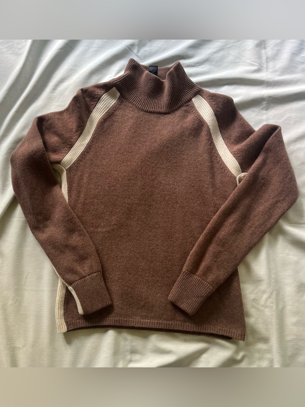 Athleta Brown Cashmere Mock Turtleneck Sweater with Cream Contrast Panels - M